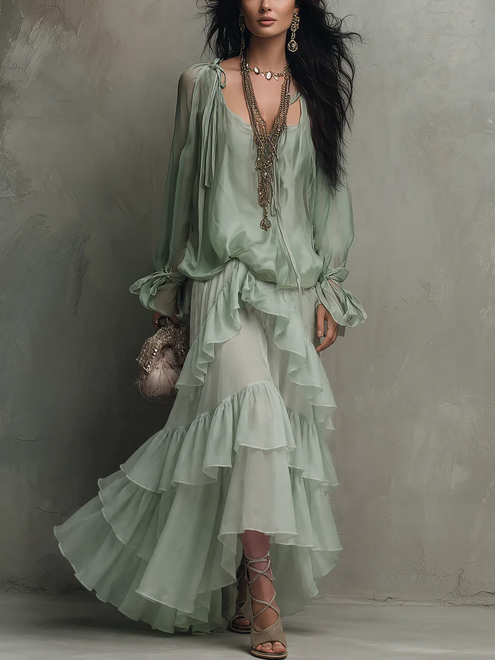 Elegant Sage Green Wrap Maxi Dress for Women with V-Neck Ruffle Tiered Bell Sleeve