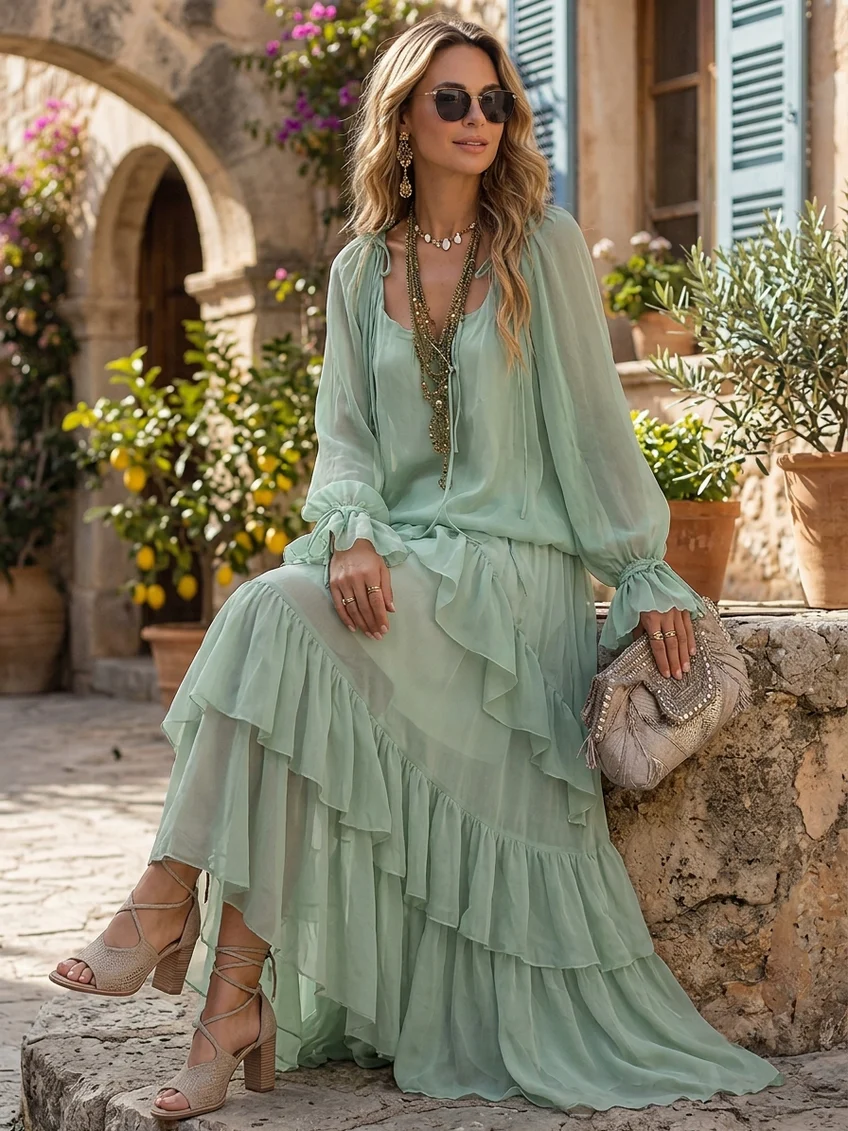 Elegant Sage Green Wrap Maxi Dress for Women with V-Neck Ruffle Tiered Bell Sleeve