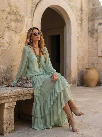 Elegant Sage Green Wrap Maxi Dress for Women with V-Neck Ruffle Tiered Bell Sleeve