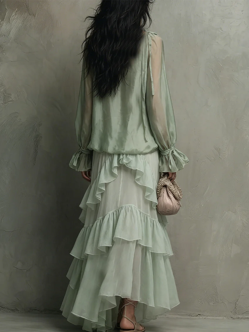 Elegant Sage Green Wrap Maxi Dress for Women with V-Neck Ruffle Tiered Bell Sleeve