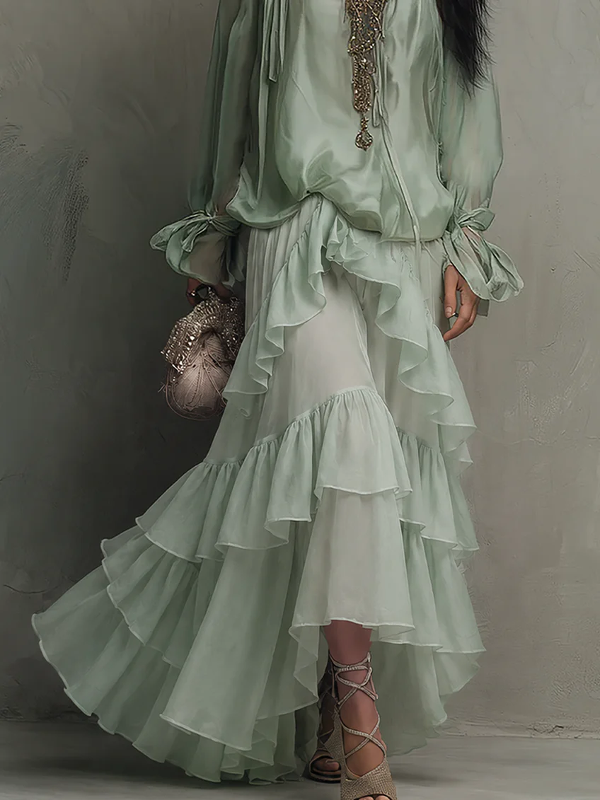 Elegant Sage Green Wrap Maxi Dress for Women with V-Neck Ruffle Tiered Bell Sleeve