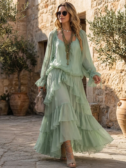Elegant Sage Green Wrap Maxi Dress for Women with V-Neck Ruffle Tiered Bell Sleeve