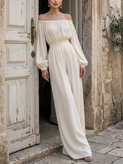 Elegant White Off Shoulder Maxi Dress for Women with Bishop Sleeve Flowing Style