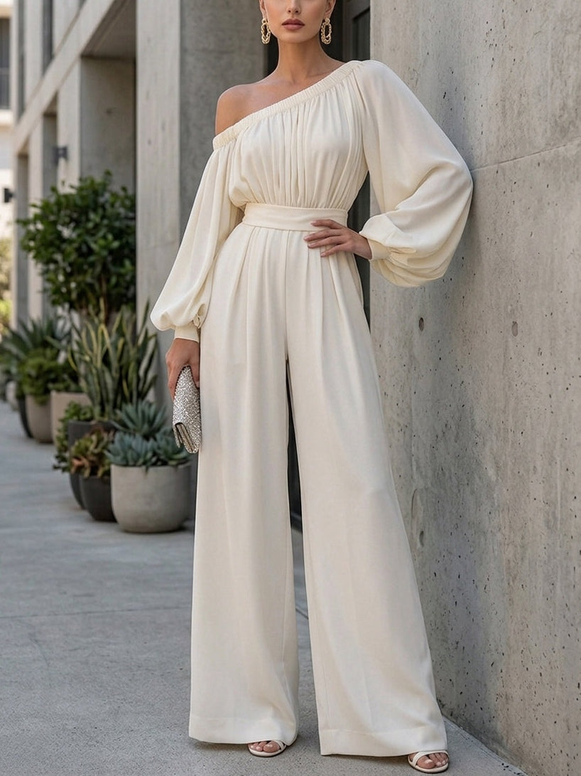Elegant White Off Shoulder Maxi Dress for Women with Bishop Sleeve Flowing Style