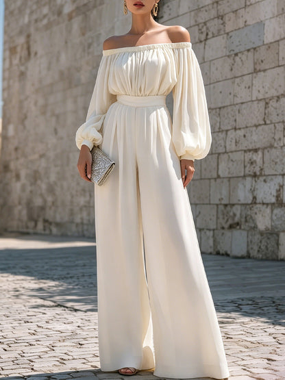 Elegant White Off Shoulder Maxi Dress for Women with Bishop Sleeve Flowing Style