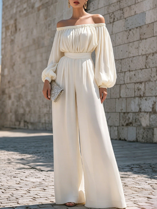 Elegant White Off Shoulder Maxi Dress for Women with Bishop Sleeve Flowing Style