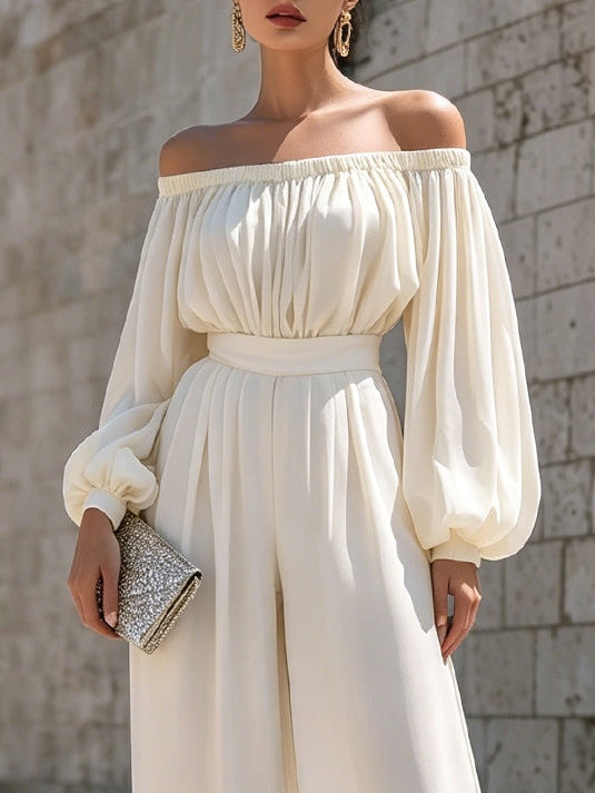 Elegant White Off Shoulder Maxi Dress for Women with Bishop Sleeve Flowing Style