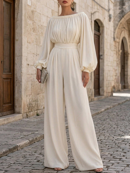Elegant White Off Shoulder Maxi Dress for Women with Bishop Sleeve Flowing Style