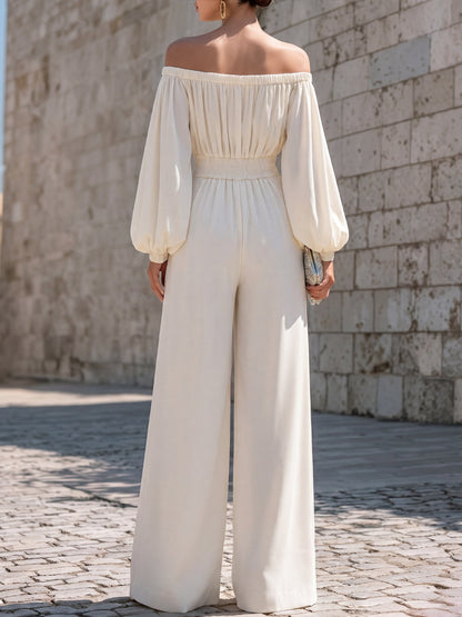 Elegant White Off Shoulder Maxi Dress for Women with Bishop Sleeve Flowing Style