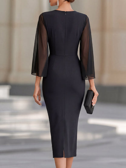Elegant Black Bodycon Midi Dress for Women with Boat Neck Cutout Shoulder Sleeve