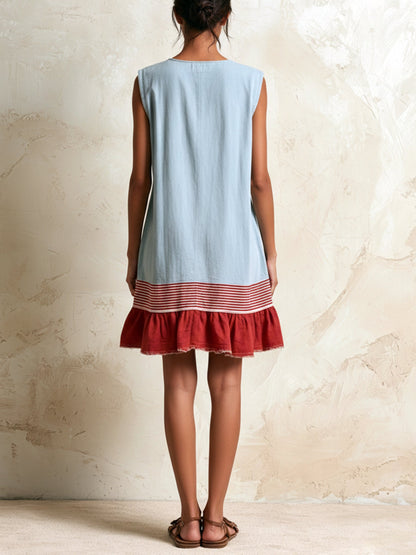 Effortless Blue Denim Mini Dress for Women with Ruffle Tiered Contrast Hem