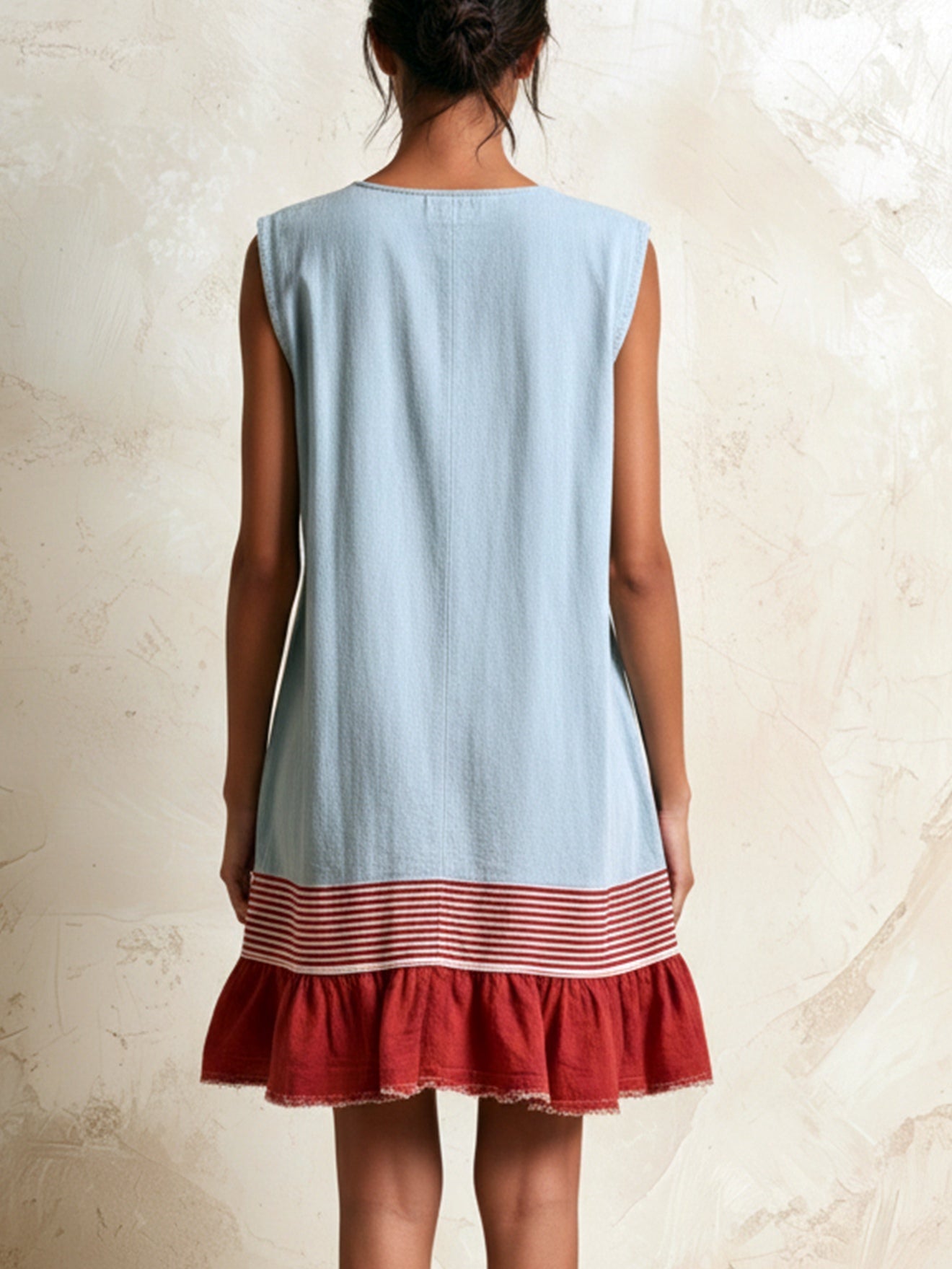Effortless Blue Denim Mini Dress for Women with Ruffle Tiered Contrast Hem