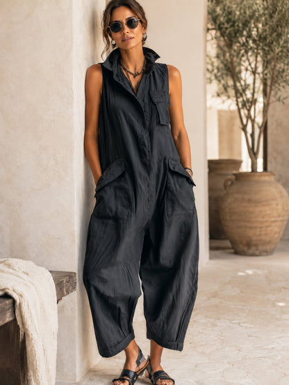 Effortless Black Linen Jumpsuit for Women with Collar Sleeveless Wide Leg Style