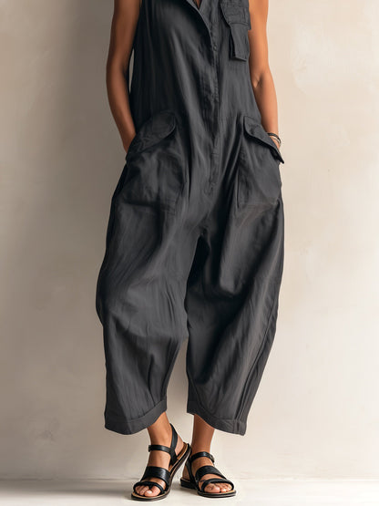 Effortless Black Linen Jumpsuit for Women with Collar Sleeveless Wide Leg Style