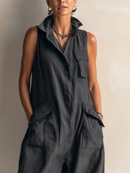 Effortless Black Linen Jumpsuit for Women with Collar Sleeveless Wide Leg Style