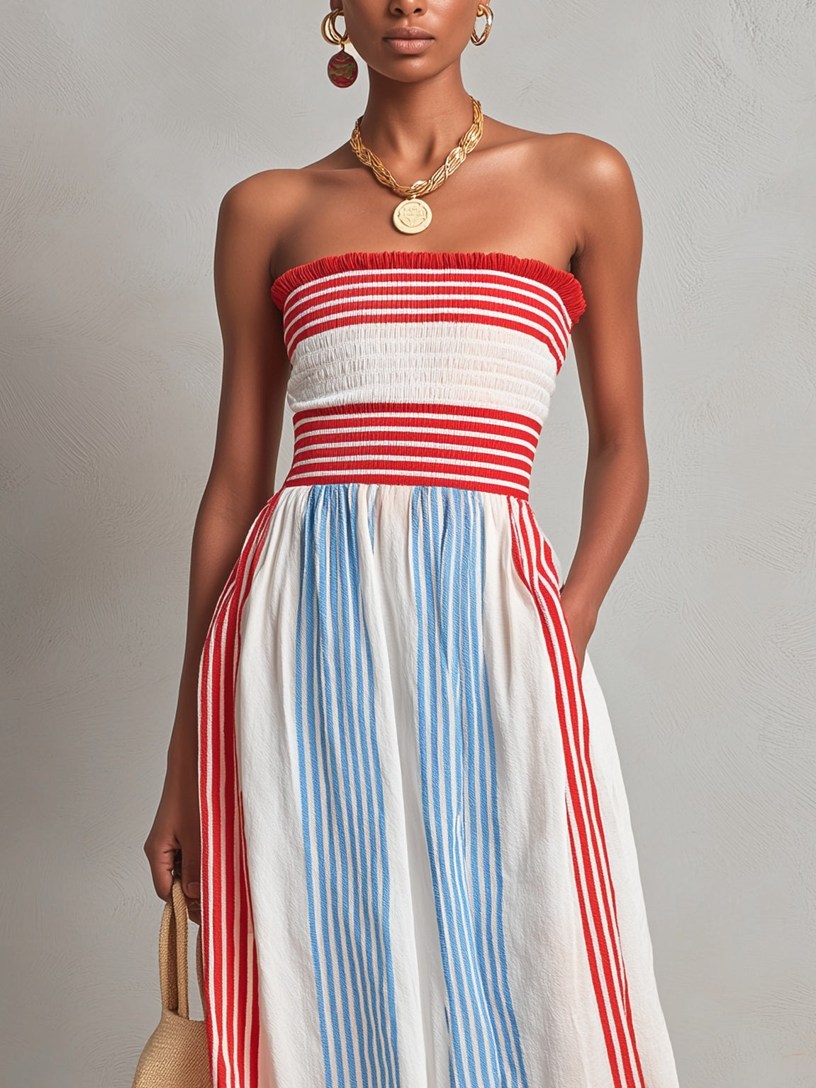Effortless Red Blue Striped Jumpsuit for Women with Strapless Wide Leg Style
