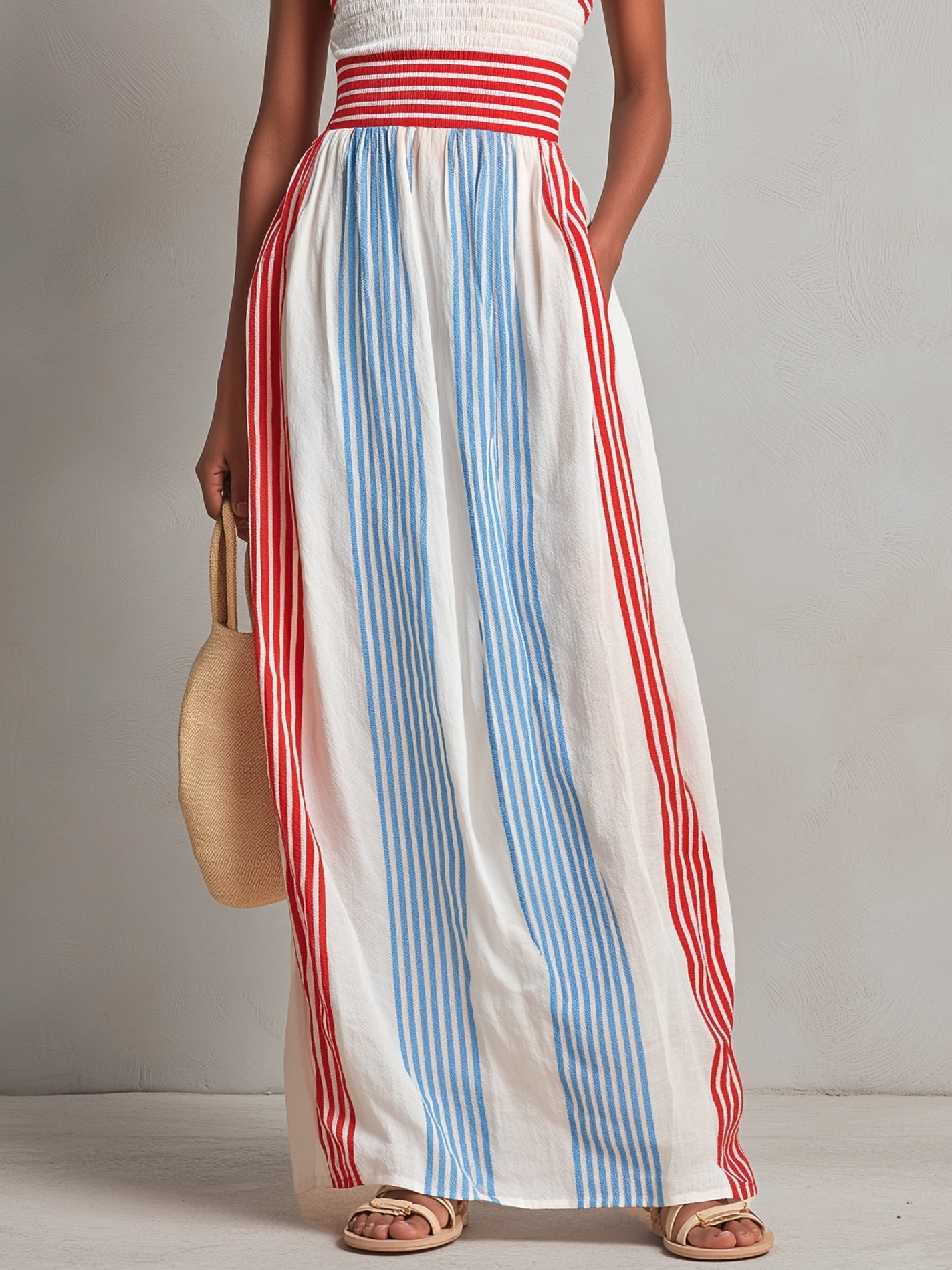 Effortless Red Blue Striped Jumpsuit for Women with Strapless Wide Leg Style