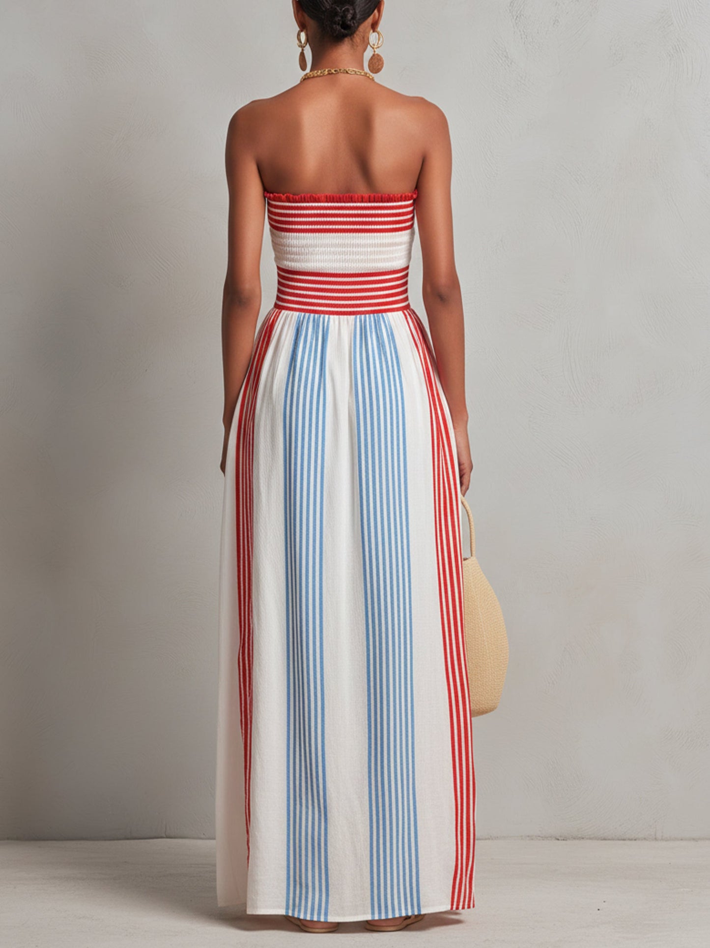 Effortless Red Blue Striped Jumpsuit for Women with Strapless Wide Leg Style