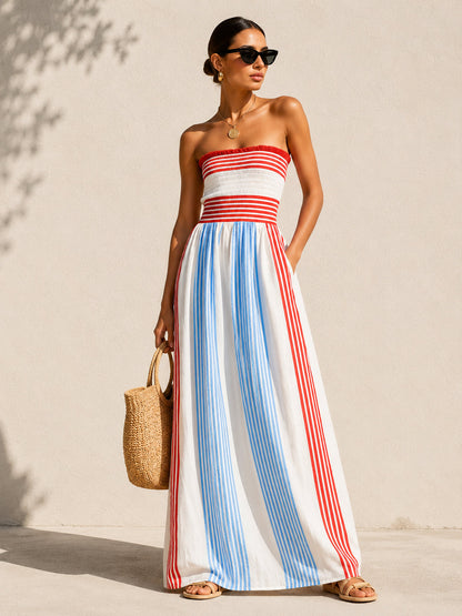 Effortless Red Blue Striped Jumpsuit for Women with Strapless Wide Leg Style