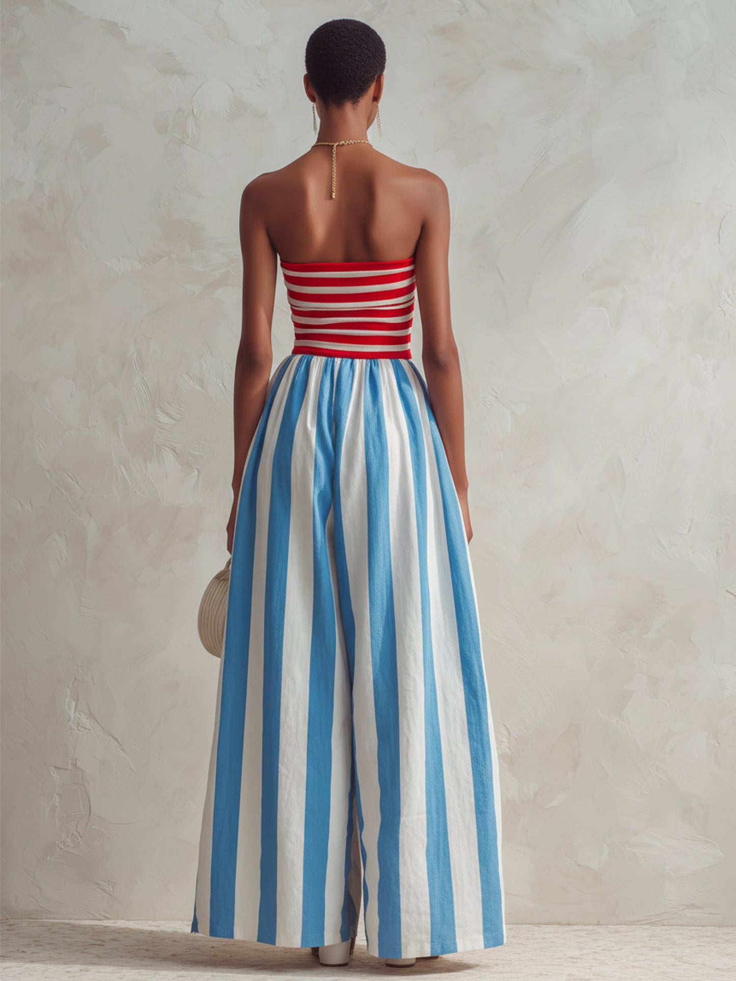 Effortless Blue Striped Jumpsuit for Women with Strapless Wide Leg Style