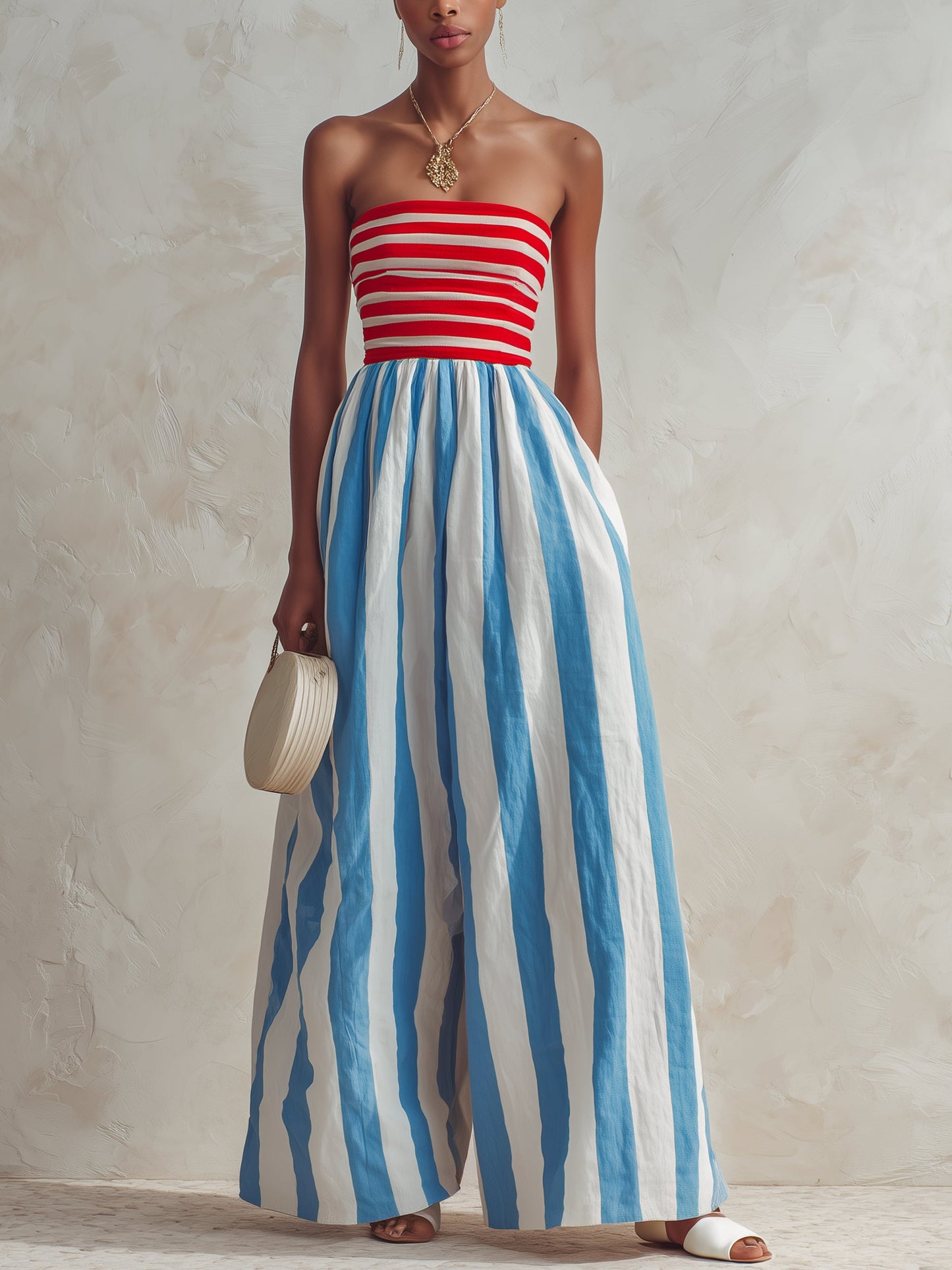 Effortless Blue Striped Jumpsuit for Women with Strapless Wide Leg Style