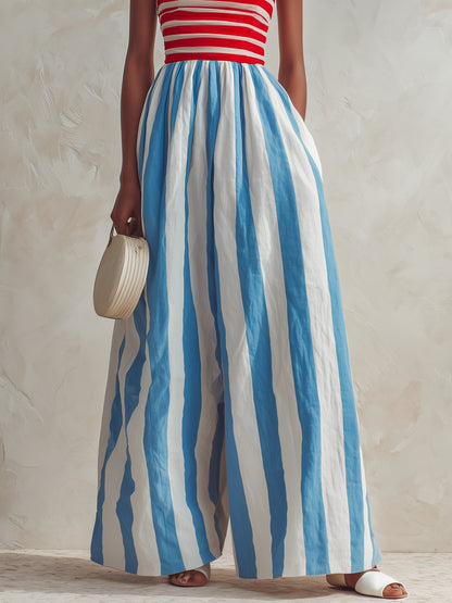 Effortless Blue Striped Jumpsuit for Women with Strapless Wide Leg Style