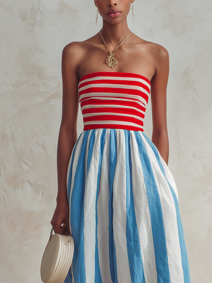 Effortless Blue Striped Jumpsuit for Women with Strapless Wide Leg Style