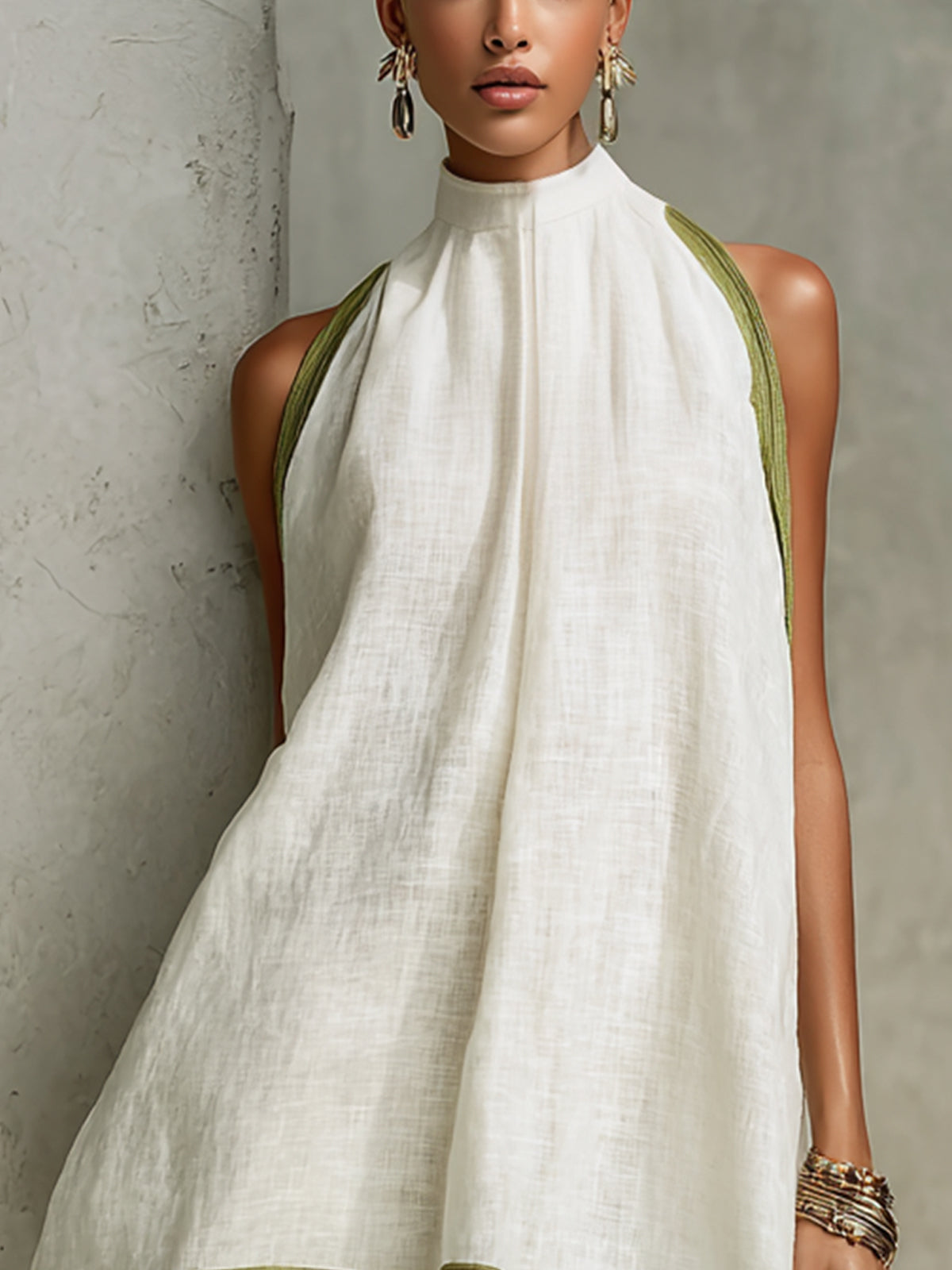 Effortless White A Line Mini Dress for Women with Halter Neck Contrast Hem