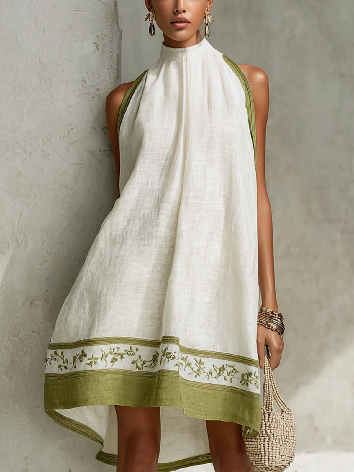 Effortless White A Line Mini Dress for Women with Halter Neck Contrast Hem