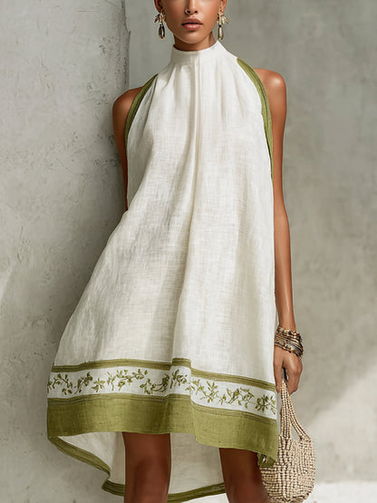 Effortless White A Line Mini Dress for Women with Halter Neck Contrast Hem