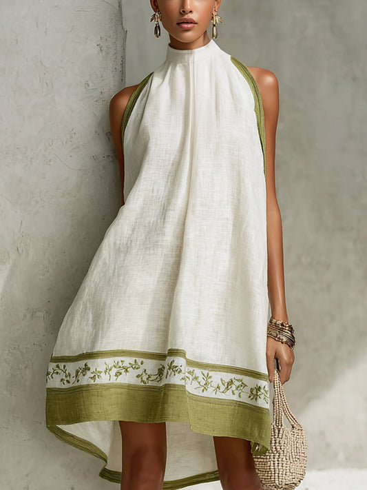 Effortless White A Line Mini Dress for Women with Halter Neck Contrast Hem