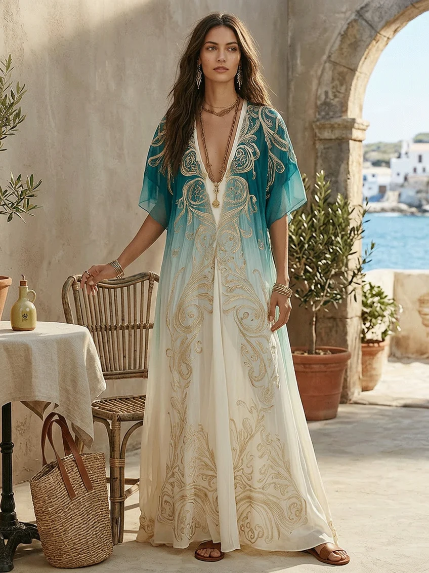 Effortless Blue Ombre Kaftan Maxi Dress for Women with V-Neck Flowing Boho Style