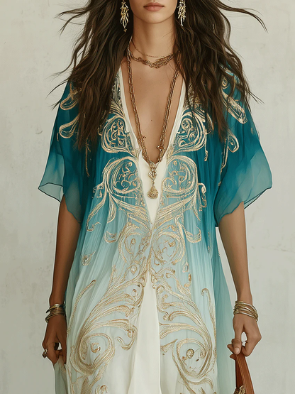 Effortless Blue Ombre Kaftan Maxi Dress for Women with V-Neck Flowing Boho Style