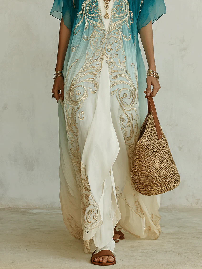 Effortless Blue Ombre Kaftan Maxi Dress for Women with V-Neck Flowing Boho Style