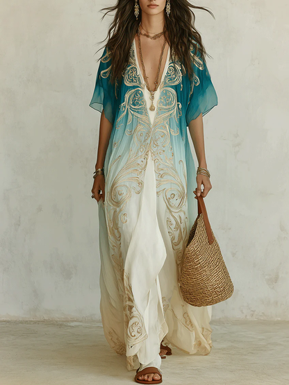 Effortless Blue Ombre Kaftan Maxi Dress for Women with V-Neck Flowing Boho Style
