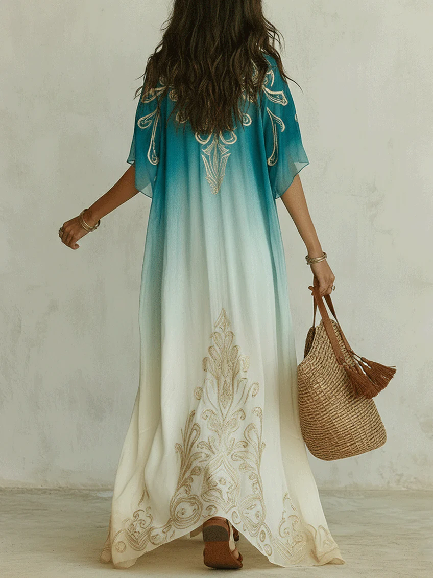 Effortless Blue Ombre Kaftan Maxi Dress for Women with V-Neck Flowing Boho Style
