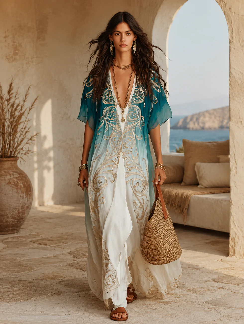 Effortless Blue Ombre Kaftan Maxi Dress for Women with V-Neck Flowing Boho Style