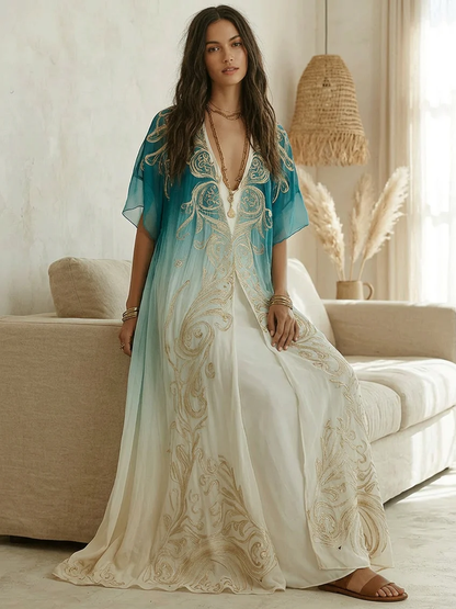 Effortless Blue Ombre Kaftan Maxi Dress for Women with V-Neck Flowing Boho Style