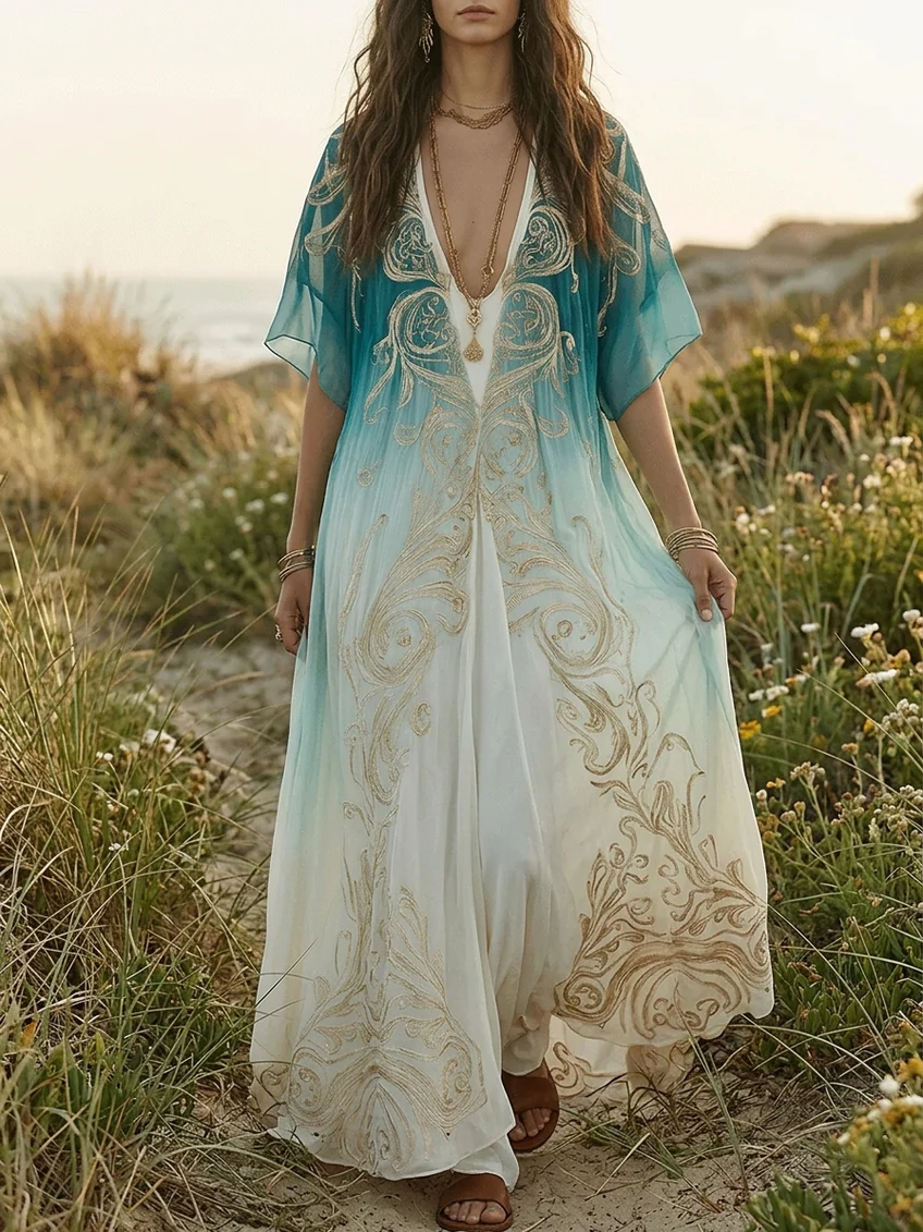 Effortless Blue Ombre Kaftan Maxi Dress for Women with V-Neck Flowing Boho Style