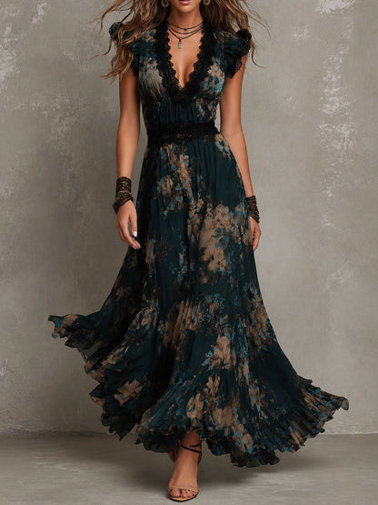 Elegant Dark Green Floral Maxi Dress for Women with Plunge V-Neck Flowing Formal Wedding Guest Style