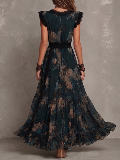 Elegant Dark Green Floral Maxi Dress for Women with Plunge V-Neck Flowing Formal Wedding Guest Style