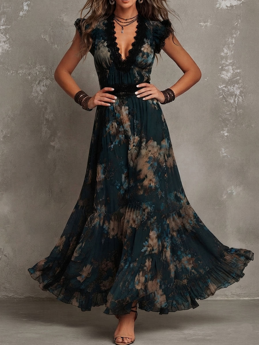 Elegant Dark Green Floral Maxi Dress for Women with Plunge V-Neck Flowing Formal Wedding Guest Style
