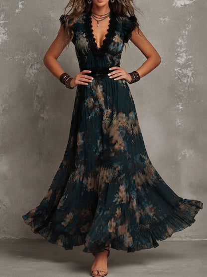 Elegant Dark Green Floral Maxi Dress for Women with Plunge V-Neck Flowing Formal Wedding Guest Style