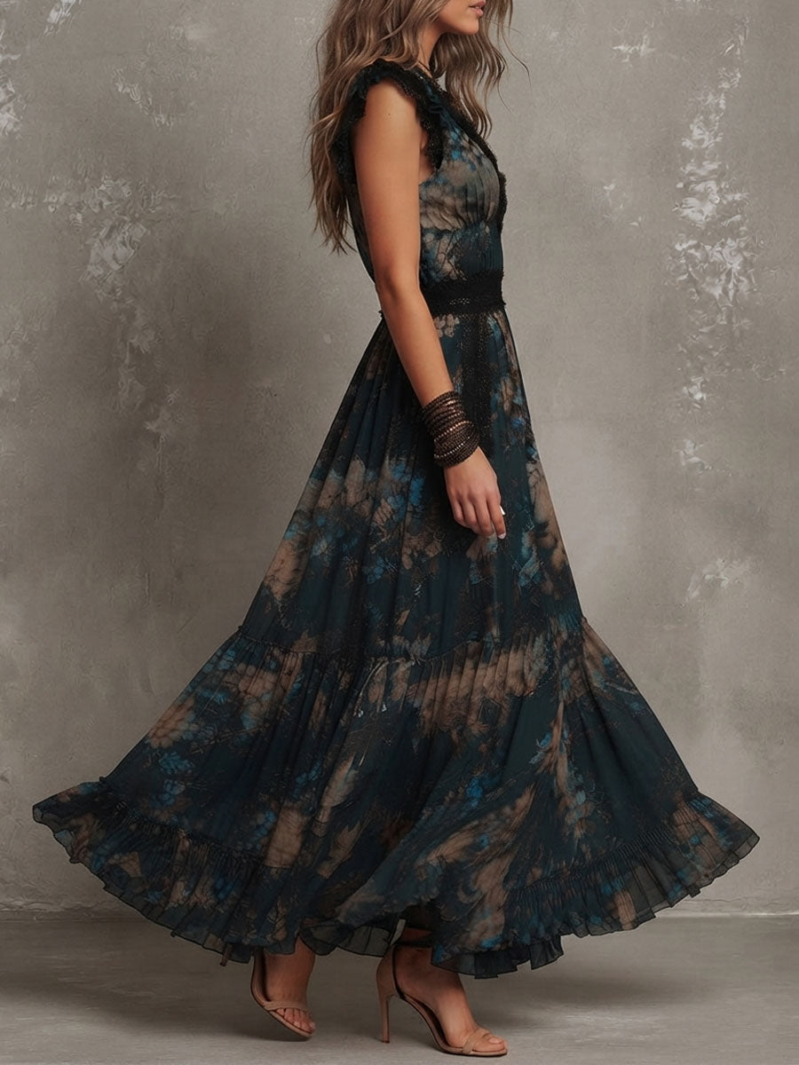 Elegant Dark Green Floral Maxi Dress for Women with Plunge V-Neck Flowing Formal Wedding Guest Style