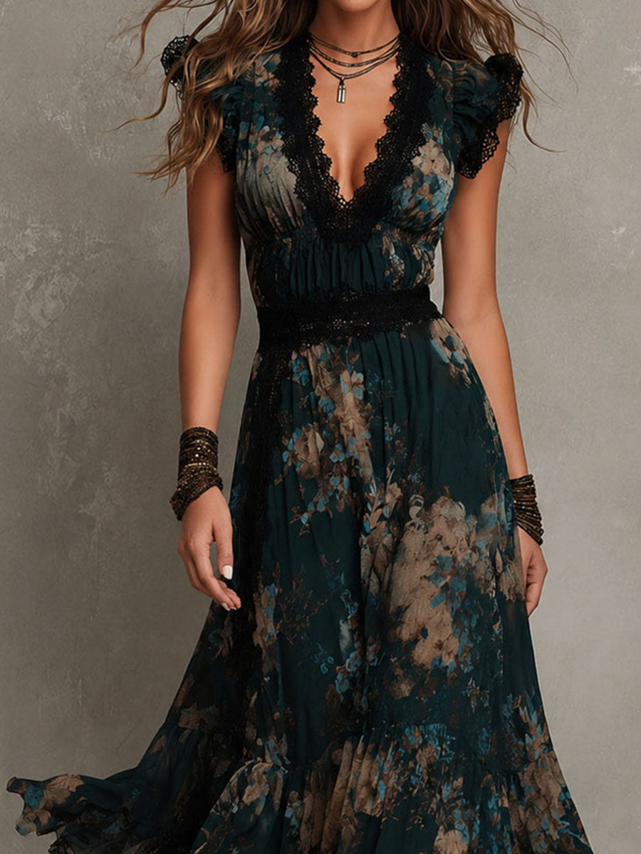 Elegant Dark Green Floral Maxi Dress for Women with Plunge V-Neck Flowing Formal Wedding Guest Style
