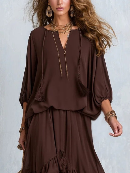 Effortless Brown Wrap Maxi Dress for Women with V-Neck Tiered Ruffle Hem