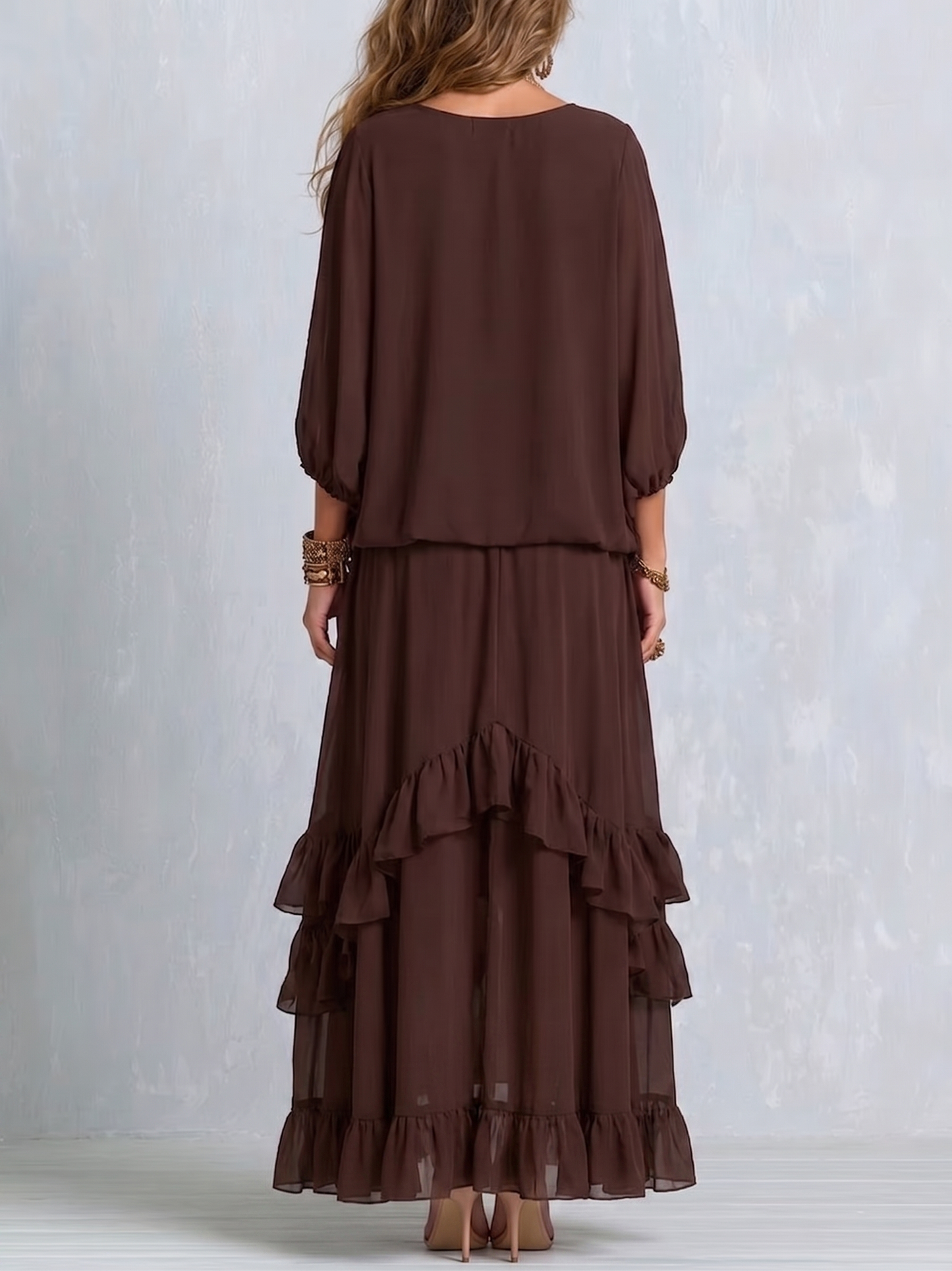 Effortless Brown Wrap Maxi Dress for Women with V-Neck Tiered Ruffle Hem