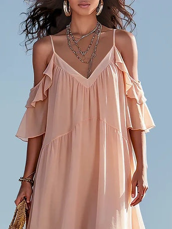 Effortless Pink Cold Shoulder Maxi Dress for Women with V-Neck Flowing Tiered Style