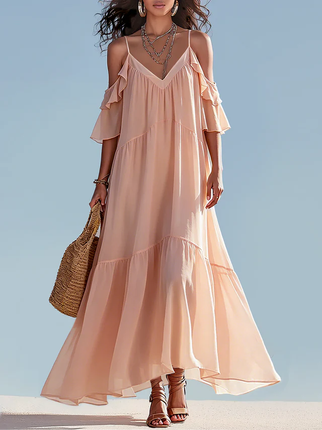 Effortless Pink Cold Shoulder Maxi Dress for Women with V-Neck Flowing Tiered Style