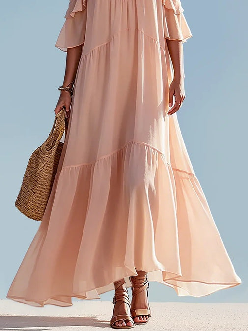 Effortless Pink Cold Shoulder Maxi Dress for Women with V-Neck Flowing Tiered Style